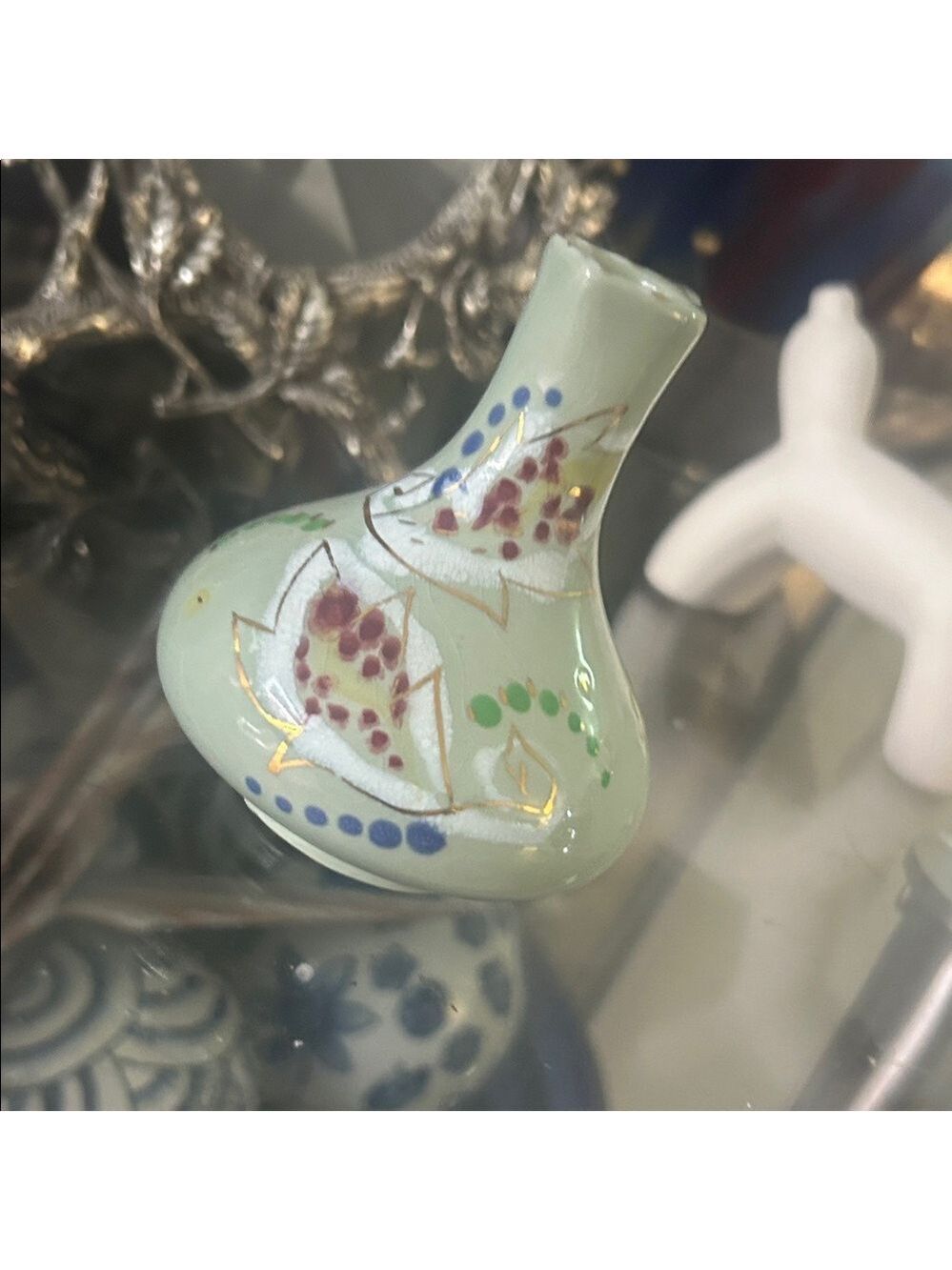 Artisan Floral Ceramic Vase in Green and Gold